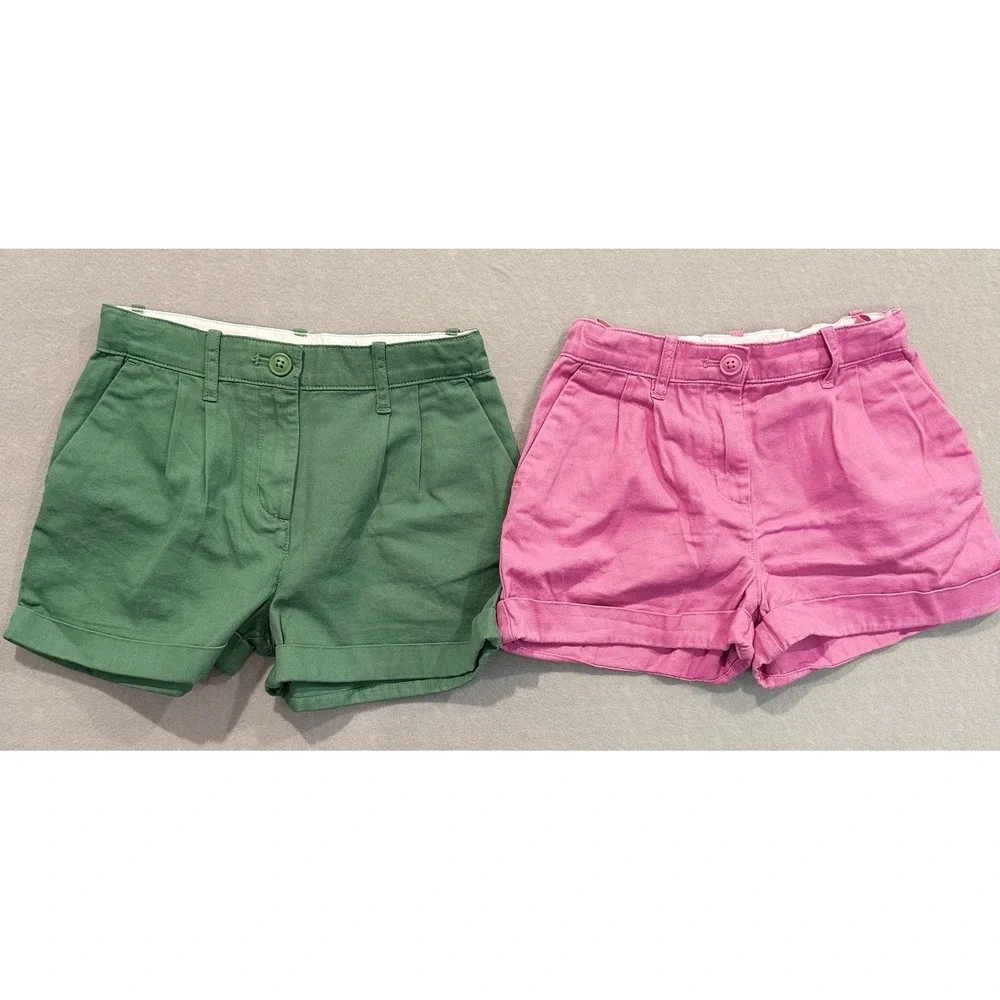 Crewcuts J.Crew Girls Green & Pink Pleated Chino Shorts Lot Of 2 Adj Waist Sz 8